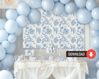 Toile stoffige blauwe achtergrond babyshower, elegante toile-patroon feestbanner, klassieke teddybeer babyshowerdecoratie, afdrukbare download