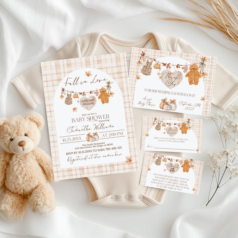May include: A baby shower invitation set with a teddy bear theme. The invitation features a plaid background, with text that reads "Fall in Love" and "Baby Shower". The set includes thank you cards and other inserts. A teddy bear and a onesie are also in the image.