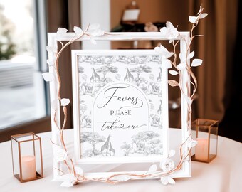 Safari Baby Shower Favors Sign, Toile De Jouy Baby Shower Sign, Gender Neutral Table Sign Printable, Safari Animal French Toile Pattern