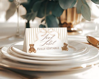 Food Label Neutral Teddy Bear Baby Shower, We Can Bearly Wait Printable Table Tent