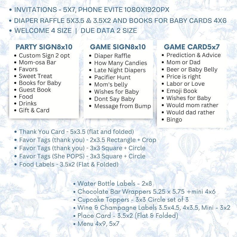 Blue Toile Safari Baby Shower Bundle, Vintage French All Blue Floral Bow Invitation Templates, Safari Animal Theme, Printable Games Bundle image 2