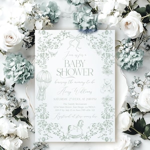 Convite para chá de bebê em toile verde sálvia, convite elegante e clássico de ursinho de pelúcia, convites digitais florais com laço chinoiserie, modelo para impressão