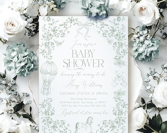 Sage Green Toile Baby Shower Invitation, Elegant Classic Teddy Bear Invite, Chinoiserie Bow Floral Digital Invites, Printable Template