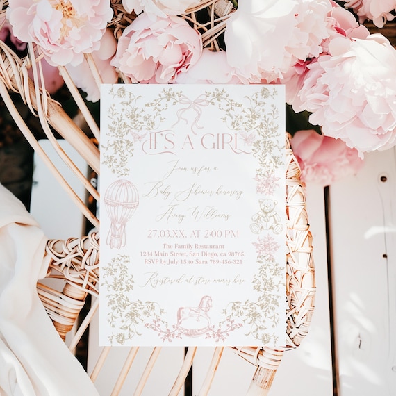 Its a Girl Blush Pink Toile Baby Shower Invitation Template, Elegant Chinoiserie Floral, Coquette Bow Invites Download Vintage Toile De Jouy
