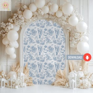 Toile de fond pour shower de bébé garçon tout bleu, ours en peluche jouets pour bébé toile motif accessoires de fête, chinoiseries florales vintage imprimable en téléchargement numérique