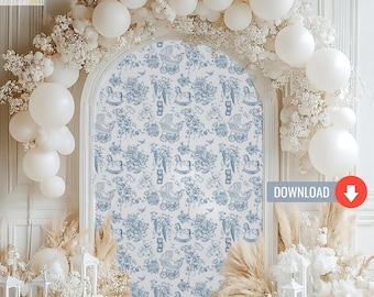 Geheel blauwe achtergrond voor babyshower, teddybeer babyspeelgoed toile patroon partij rekwisieten, chinoiserie vintage bloemen afdrukbare digitale download