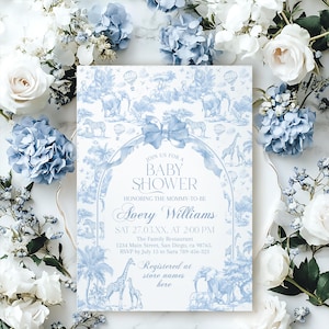 Blue Toile Safari Baby Shower Invitation Template, Vintage French All Blue Floral Bow Invite, Safari Animal Theme, Toile De Jouy Printable