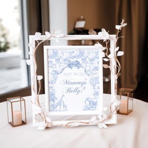 Guess moeder buik spelbord en antwoordkaart, blauwe toile-safari babyshower babyshower, Frans toile de-jouy-bord, bord safaridieren afdrukbaar