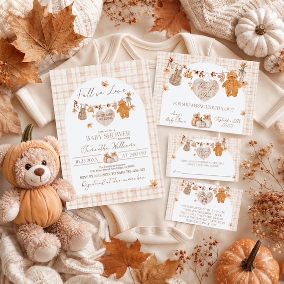 Editable Fall in Love Baby Shower Invitation Bundle, Fall Baby Shower Digital Invite Canva, Rustic Baby Clothes Line Printable