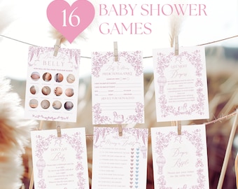 Toile Baby Girl Shower Games Bundle, Pink Toile Floral Game Pack, Chinoiserie Vintage Bow Game Printable, Elegant Baby Shower Game Download