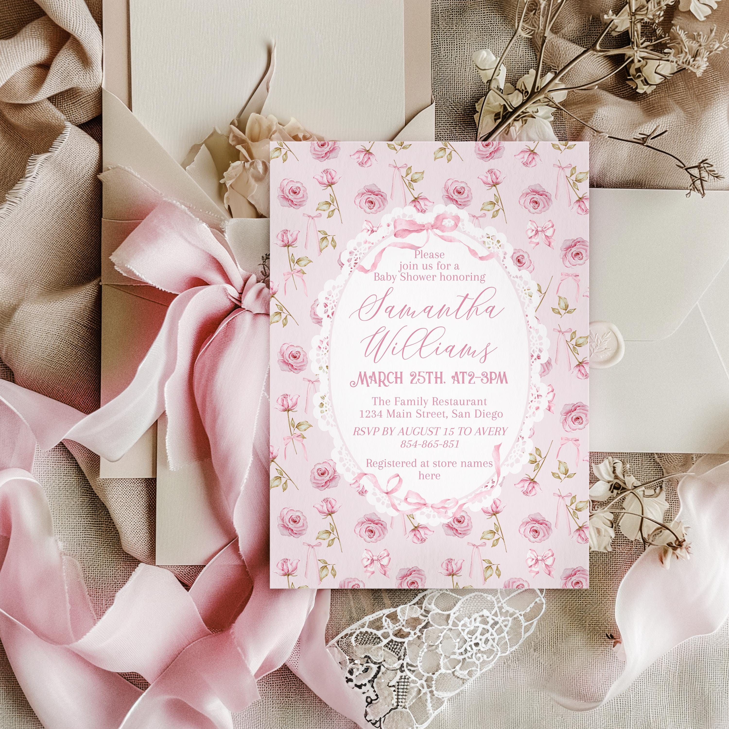 Pink Roses Invite Pink Bow Roses Baby Girl Shower Invitation, Vintage Floral Ribbon ...