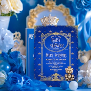 Convite de chá de bebê com tema real editável, convite para menino príncipe, coroa azul marinho e dourado, modelo para impressão, download digital
