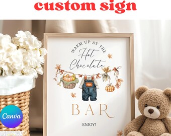 Editable Hot Chocolate Bar Baby Shower Sign, Pumpkin Party Sign Digital, Fall Baby Shower Decor, Canva Template Download Table Sign