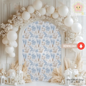 Toile De Jouy Blue & Brown Baby Shower Backdrop, Teddy Bear Toile Pattern Party Props, Chinoiserie Vintage Floral Printable Digital Download