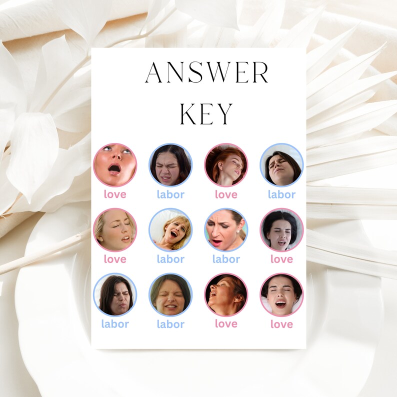 May include: Answer key for a game with 12 images of women's faces. Each image is labeled with either "love" or "labor".