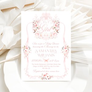 Editable Pink Bow Baby Shower Invitation, Floral Crest Girl Baby Shower Invite, Watercolor Roses Invitation Template Download, Its a Girl