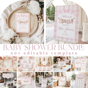 Paquete de osito de peluche rosa para baby shower, lazo a cuadros de lujo, paquete de juegos imprimibles para descargar