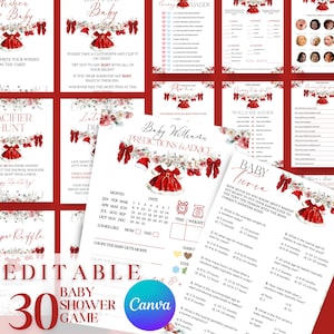 Red Bow Santa Baby Girl Shower Games Bundle, Christmas Printable Game Pack (Download Template)