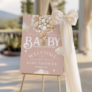 Placa de boas-vindas para chá de bebê com tema de ursinho de pelúcia e balões rosa (PDF)