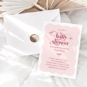 Editable Pink Bow Baby Shower Invite, Modern Minamal Baby Shower Invitation, Blush Pink Girl Digital Invite, Wive Frame Baby Shower