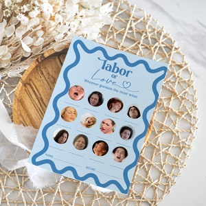 Juego de trabajo o amor, divertidos juegos de baby shower imprimibles, juegos de ducha kraft editables, baby shower para niños, marco ondulado retro azul polvoriento