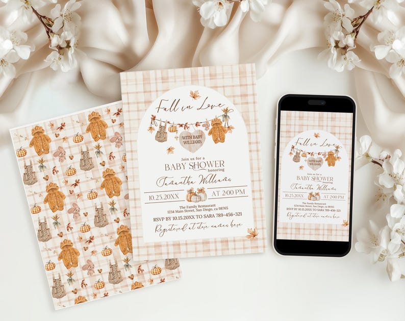 May include: Baby shower invitation set featuring a fall theme. The design includes a patterned background, a card with the text "Fall in Love," and a mobile phone displaying the same design. The invitation includes teddy bears, pumpkins, and leaves.