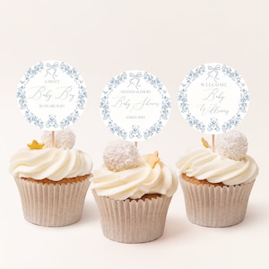Cupcake Toppers imprimible, Dusty Blue Boy Baby Shower Editable Cupcake Toppers, Toile De Jouy Baby Shower, Vintage Bear Bow Baby Shower