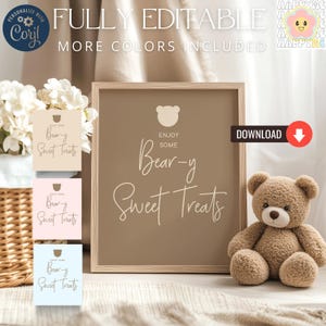 Beary Sweet Treat Baby Shower Sign, Brown Bear Baby Shower Sweet Bar Printable Sign, We Can Bearly Wait, Gender Neutral Minimal Modern Boho
