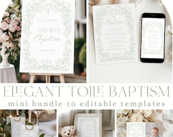Sage Green Elegant Toile Baptism Invite Bundle, Classic Christening Pack Printable Template (digital)