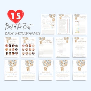 Bundle modifiable de jeux de baby shower ours, signe de jeux de baby shower garçon thème ours & carte imprimable, ballon bleu ours bohème, téléchargement immédiat