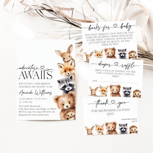 Woodland Animals Baby Shower Invitation numérique, Aventure attend une invitation neutre en matière de genre, Ensemble de baby shower moderne, Carte de remerciement