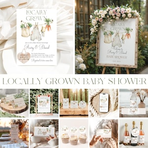 Locally Grown Baby Shower Bundle, Rustic Farmers Market Baby Shower Bundle, Country Farm Veggies Editable Templates, Locally Grown Sign Game