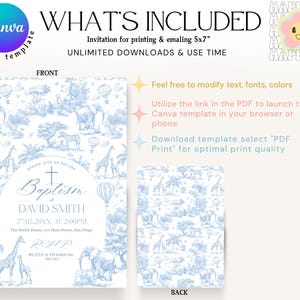 May include: A blue and white baptism invitation template with a safari animal design. The front features text including the name "David Smith" and event details. The back has a matching pattern. The template is editable in Canva.