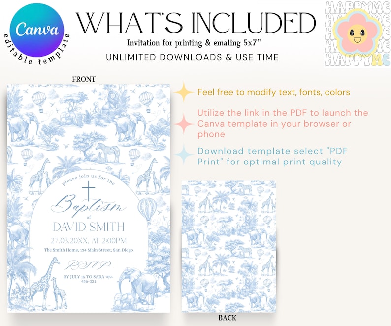 May include: A blue and white baptism invitation template with a safari animal design. The front features text including the name "David Smith" and event details. The back has a matching pattern. The template is editable in Canva.