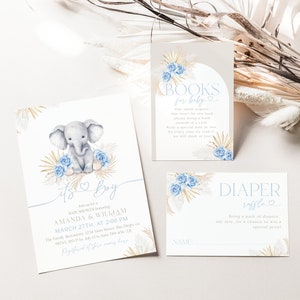 Bewerkbare olifant baby jongen douche uitnodiging set, blauwe Boho bloemen het is een jongen digitale uitnodiging, olifant luier loterij & boek verzoek kaart