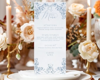 Editable Menu Blue Toile Baby Shower, Classic Teddy Bear Baby Shower Menu, Printable Menu, Elegant Floral Bow Boy Baby Shower Decor Download