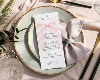 Baby Girl Shower Editable Menu Card Template  Blush Pink Bow - Elegant Coquette Style