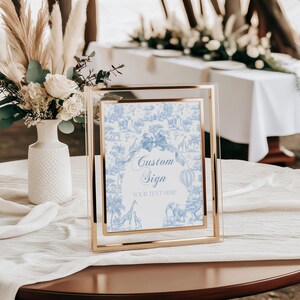Blue Toile Safari Baby Boy Shower Custom Sign, French Toile De Jouy Bar Sign to Edit, Baby Shower Sign Printable, Safari Animal BabyBoy Blue