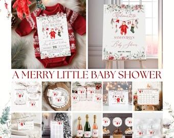 May include: A selection of Christmas-themed baby shower decorations. The image shows a red babygrow, invitation cards, a welcome sign, champagne bottles, cupcake toppers, and water bottle labels. The decorations feature illustrations of baby clothes and festive elements.