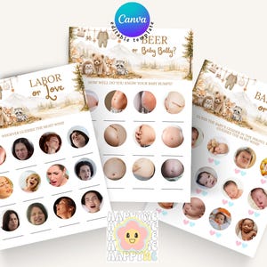 Può includere: Tre schede di gioco stampabili per baby shower con illustrazioni di animali del bosco. Le schede includono Labor or Love, Beer or Baby Belly e Baby Boy or Girl, con ritagli fotografici circolari per giochi e titoli di testo.