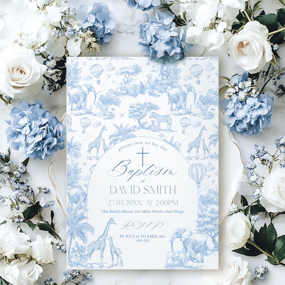 Blue Toile Safari Baptism Invitation Template, Elegant Safari Animal Invite (PDF, JPG, PNG)