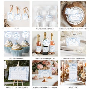 Blue Toile Safari Baby Shower Bundle, Vintage French All Blue Floral Bow Invitation Templates, Safari Animal Theme, Printable Games Bundle image 4