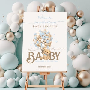 Babyparty Willkommensschild, Bär Blau Ballon Junge Baby Shower Poster, Printable Boho Baby Shower Dekor, Babyparty Dekor