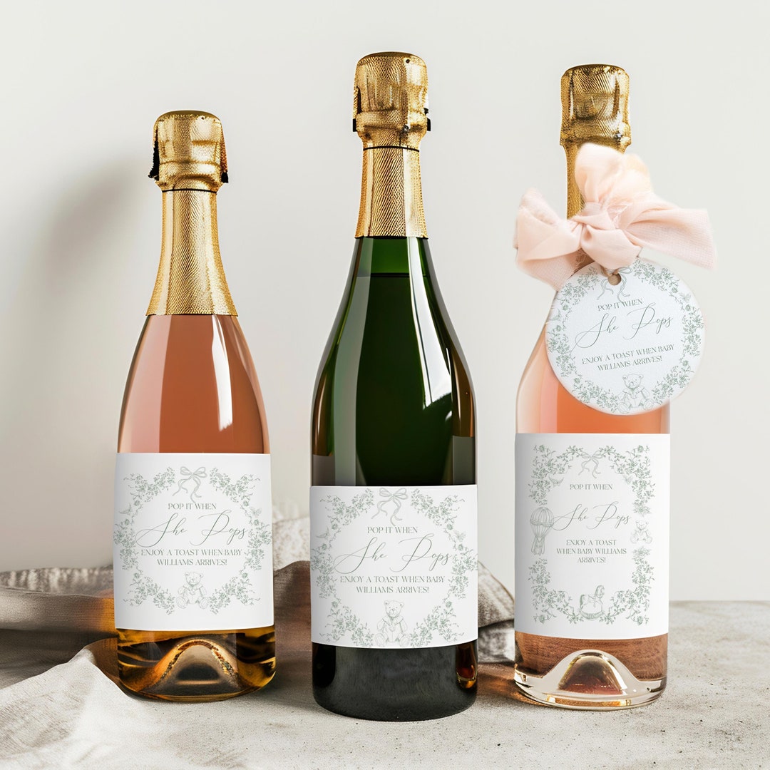 Pop It When She Pops Champagne Labels, Sage Green Toile Baby Shower ...