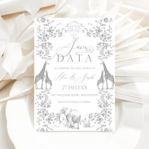 Monochrome Toile Safari Baby Shower Save the Data, Safari Animal Baby Boy Shower Digitale kaart, elegante grijsgouden Toile Safari bewerkte sjabloon
