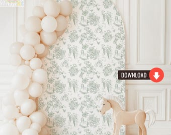 Salie groene toile de jouy achtergrond baby shower, vintage bloemen toile patroon feest rekwisieten, afdrukbare download, elegante klassieke teddybeer prop