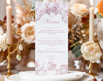 Menu Safari Baby Shower en toile rose, fleurs françaises (modèle numérique)