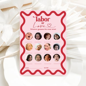 Labor or Love Game, Funny Baby Shower Games Printable, Editable Kraft Shower Games, Girl Baby Shower, Wave Frame Retro Bright Pink