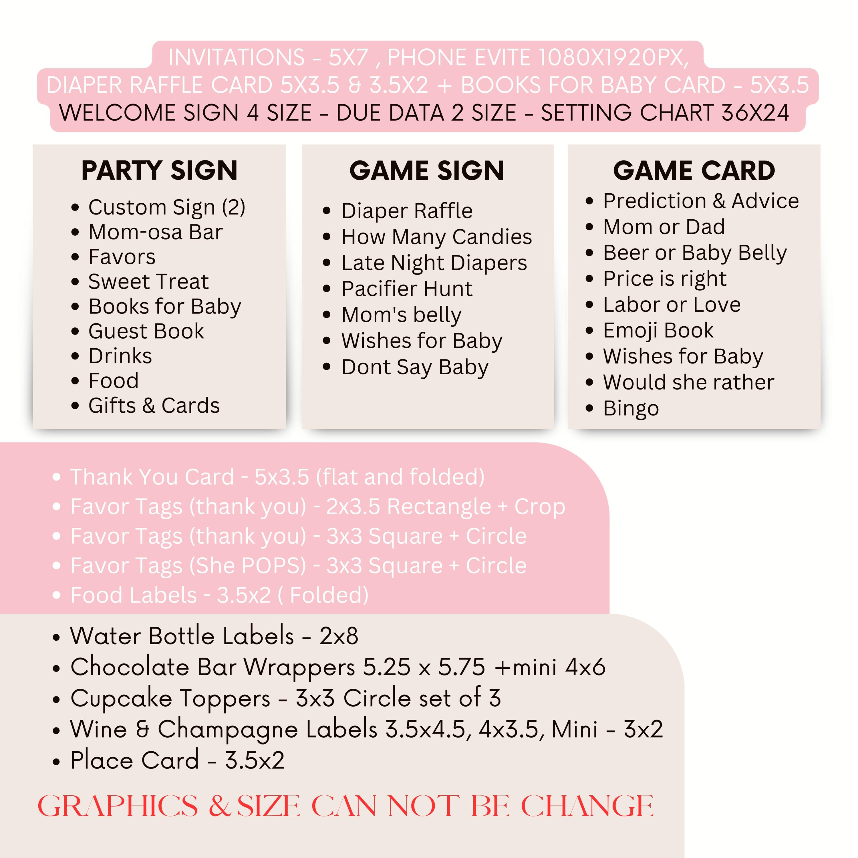 Quiz per bambini: fiocco rosa per baby shower, carte da gioco per bambine, cospargere con decorazioni per baby shower, modello modificabile stampabile, download digitale TEMPLETT - Italia