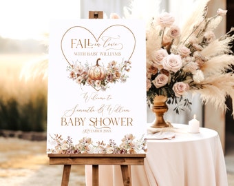 Fall in Love Baby Shower Welcome Sign, Pumpkin Baby Shower Printable Sign, Terracotta Floral Heart Baby Shower Decor, Gender Neutral Modern